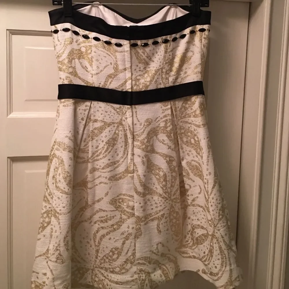 Lilly Pulitzer Cream & Gold Metallic Floral Strapless Fit & Flare Dress — Size 6 - Picture 4 of 4